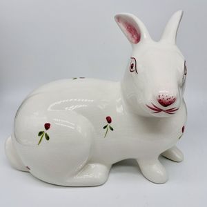 Vintage Loucarte Portugal Pottery Ceramic Pink White Bunny Rabbit Figurine 6.75”